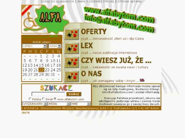 Zrzut ekranu strony głównej serwisu internetowego ALFY z 2004 r.